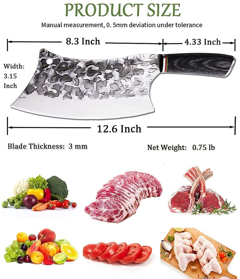 BLADESMITH Butcher Knife 8“, Forged Meat Cleaver Kitchen Knives, Curved High Carbon Steel Blade, PakaWood Handle, for Slicing and Cutting - Image 2