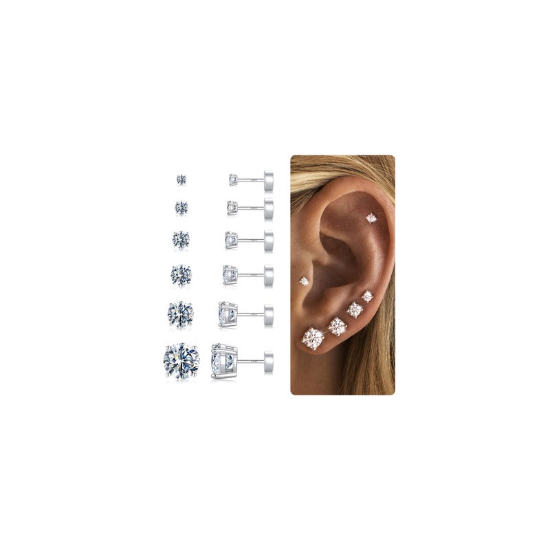 Yoosteel 6 Pairs Dainty CZ Earrings for Women,Silver-Plated Cubic Zircon Flat Back Ball Earring Studs Earring Jewelry Set for Multiple Piercings(2/3/4/5/6/8MM) - Image 1