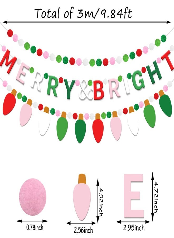 Doumeny 3Pcs Merry & Bright Felt Banner Christmas Felt Ball Garland Xmas Light Bulb Garland Bunting Christmas Pompom Ball Banner Winter Party Sign Flag Be Merry Hanging Bunting for Holiday Home Decor - Image 2