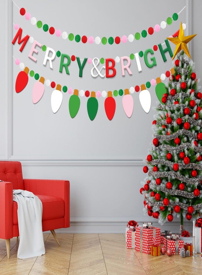 Doumeny 3Pcs Merry & Bright Felt Banner Christmas Felt Ball Garland Xmas Light Bulb Garland Bunting Christmas Pompom Ball Banner Winter Party Sign Flag Be Merry Hanging Bunting for Holiday Home Decor - Image 3