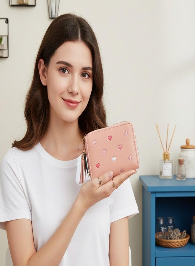 Yuanchu Cute Tassel Zipper Wallet, Small Star Pendant Purse PU Leather Coins Pocket Waterproof Lightweight Purse with Embroidery Hearts for Women Gift - Image 4