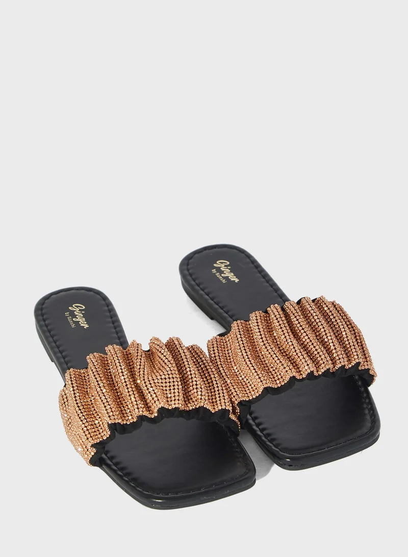 Ginger Sparkle Ruched Strap Flat Sandal