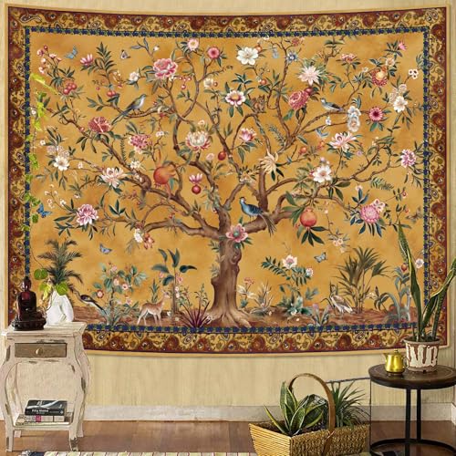 Faxdong Boho Tree of LIfe Tapestry, Vintage Flower Leaves Birds Plant Animal Pattern Tapestries, Retro Indian Bohemian Aesthetic Wall Hanging Orange Yellow 36×48 inch - Image 1