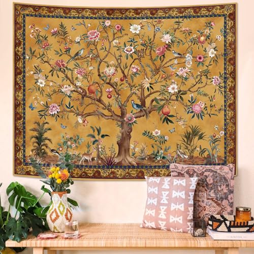 Faxdong Boho Tree of LIfe Tapestry, Vintage Flower Leaves Birds Plant Animal Pattern Tapestries, Retro Indian Bohemian Aesthetic Wall Hanging Orange Yellow 36×48 inch - Image 2