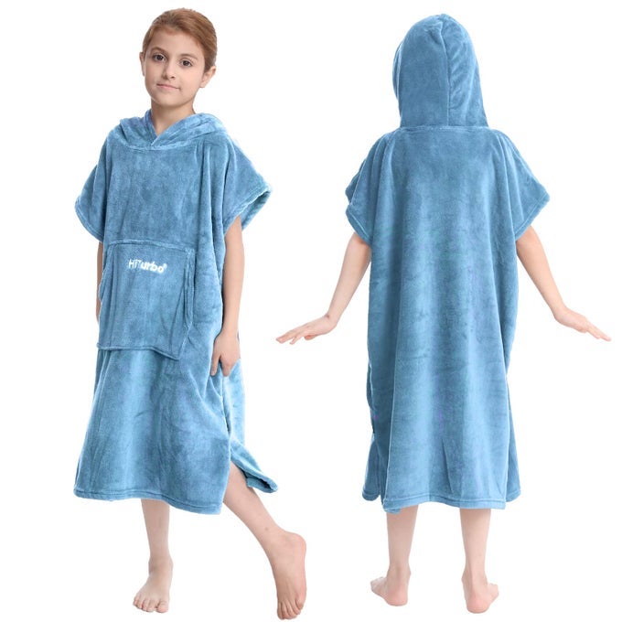 KIDS TOWEL CHANGING ROBE SOFT PLUSH BATH TOWELS WARM CORAL FLEECE HOODIE SWIM SURF PONCHO FOR 512 YEARS BLUE