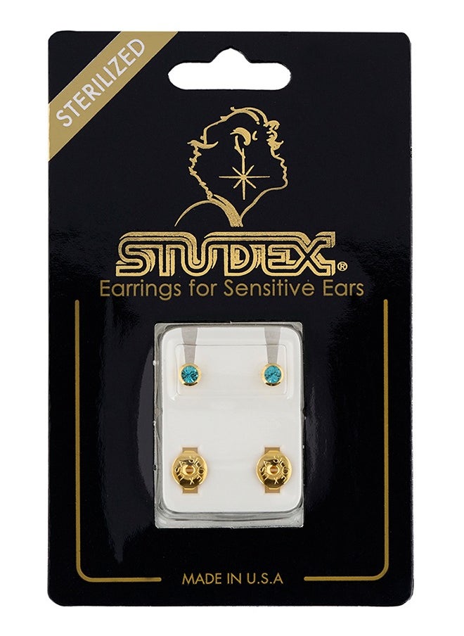 Studex - 3MM March – Aquamarine Bezel Birthstone 24K Pure Gold Plated Ear Studs - Image 1
