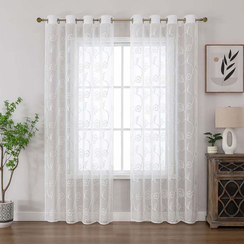 White Embroidered Sheer Curtains 150x260 Bali Style Heat Insulation Rings - Image 1