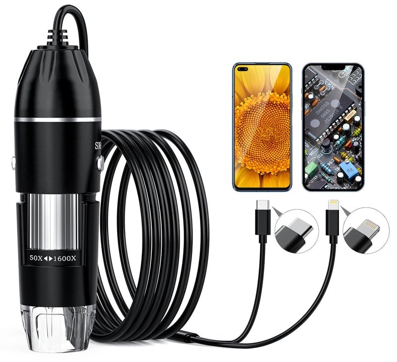Microware ميكروسكوب رقمي USB نوع-C و Lightning، كاميرا فحص USB محمولة 50x-1600x تكبير، ميكروسكوبات جيب محمولة مع 8 مصابيح LED وحامل، متوافقة مع iPhone و Android - Image 1