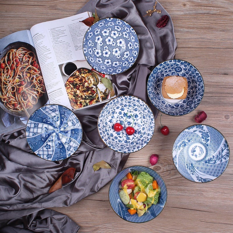 YALONG Japanese Style Deep Soup Bowls Set of 6 6 inch Cereal Bowls Assorted Patterns 20 oz Ceramic Pho Bowls Set Serving Soup Rice Salad Noodle Pasta Microwave  Dishwasher Safe - Image 4