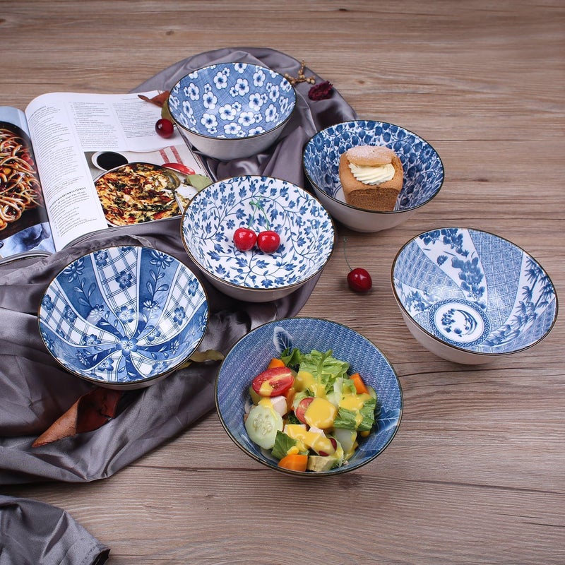 YALONG Japanese Style Deep Soup Bowls Set of 6 6 inch Cereal Bowls Assorted Patterns 20 oz Ceramic Pho Bowls Set Serving Soup Rice Salad Noodle Pasta Microwave  Dishwasher Safe - Image 3
