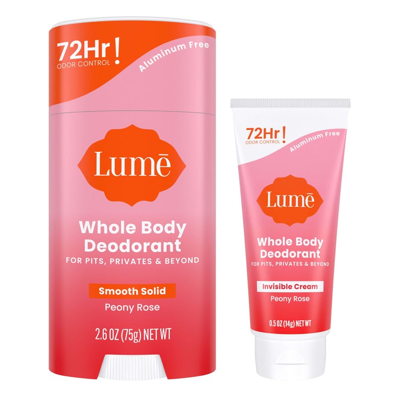 Lume Whole Body Deodorant - Invisible Mini Cream Tube + Solid Bar Pack - 72 Hour Odor Control - Aluminum & Baking Soda Free, Skin Lover (Peony Rose) - Image 1