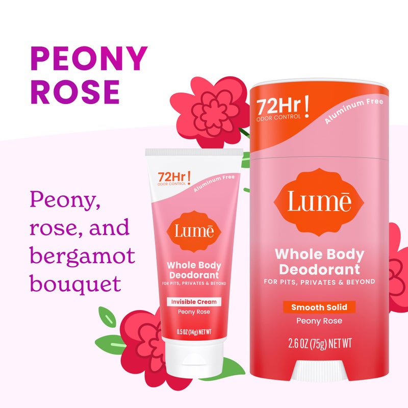 Lume Whole Body Deodorant - Invisible Mini Cream Tube + Solid Bar Pack - 72 Hour Odor Control - Aluminum & Baking Soda Free, Skin Lover (Peony Rose) - Image 3