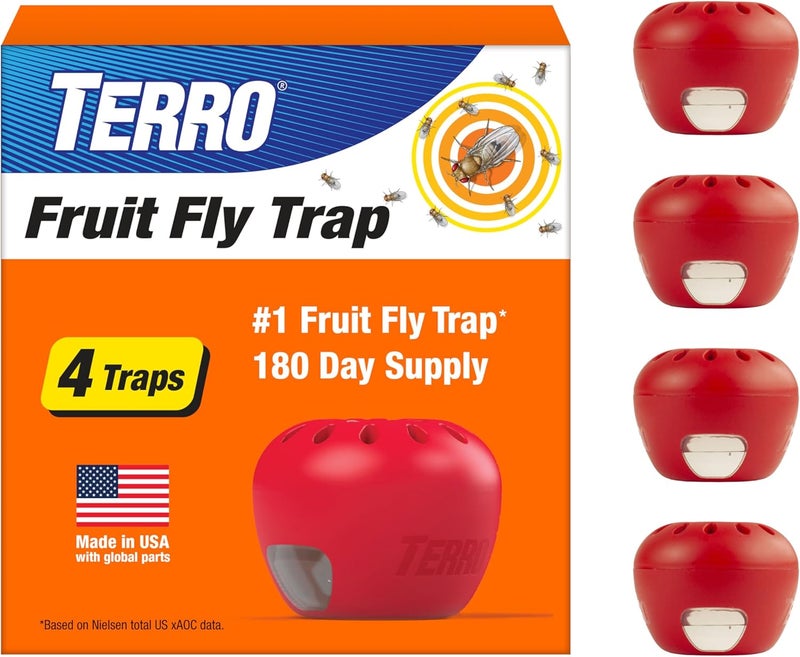 Terro T2503SR Ready-to-Use Indoor Fruit Fly Killer and Trap with Built in Window - 4 Traps + 180 day Lure Supply | Apple-Shaped Design for Kitchen Counters, Fruit Bowls, Trash Cans, Food-Based Lure, Indoor Pest Control, Fruit Fly Killer - Image 1