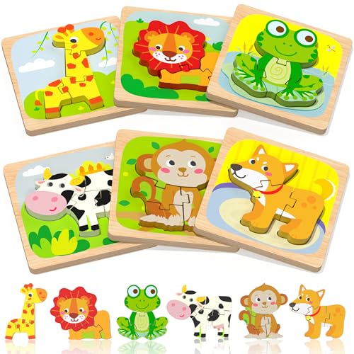 Benresive Wooden Toddler Puzzles 6pcs Animal Montessori Toys for 13 Year Old Boys Girls Learning Educational Preschool Toys Great Gifts for 1 2 3 Year Olds - Image 1