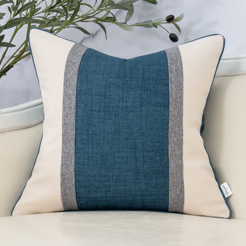 Yangest Patchwork Pillow Cover 18x18 Inch Luxury Cotton and Linen Cushion Cover Square Pillowcover for Couch Bedroom Living Room Blue