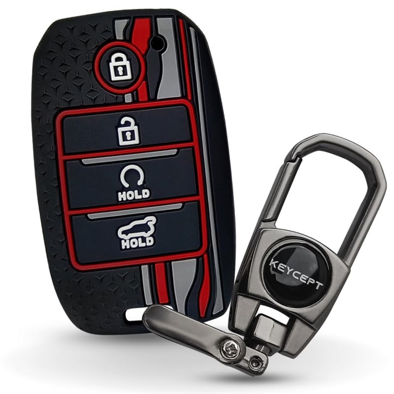 KEYCEPT Tristar Key Cover for Kia Seltos | Kia Sonet | Kia Carens | Facelift in Year 2019, 2020, 2021, 2022 Compatible for 4 Button Smart Key with Keychain. (Type 2, Black) - Image 1