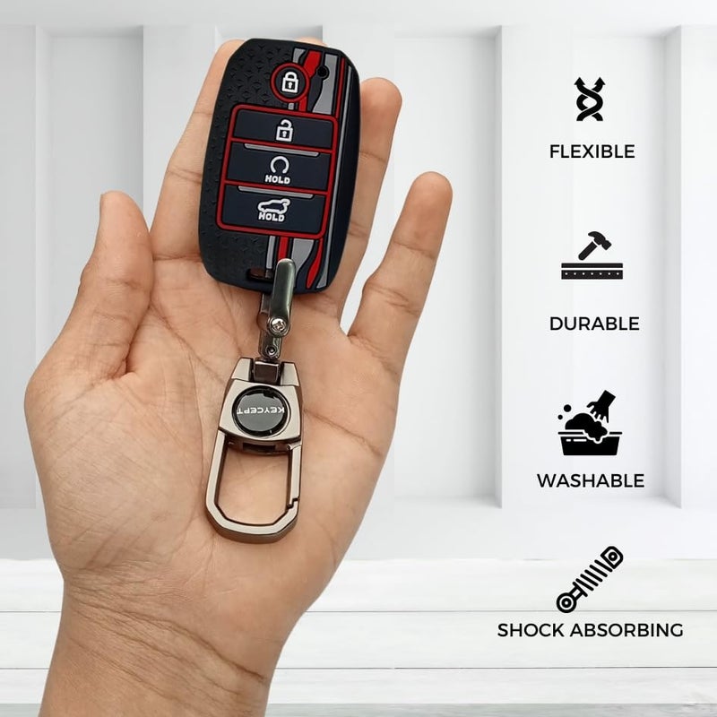 KEYCEPT Tristar Key Cover for Kia Seltos | Kia Sonet | Kia Carens | Facelift in Year 2019, 2020, 2021, 2022 Compatible for 4 Button Smart Key with Keychain. (Type 2, Black) - Image 5