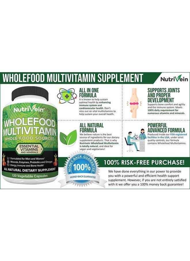 Nutrivein - Whole Food Multivitamin - Complete Daily Vitamins for Men and Women from Natural Whole Foods, Real Raw Veggies, Fruits, Vitamin E, A, B Complex - 30 Day Supply (120 Capsules, Four Daily) - Image 1