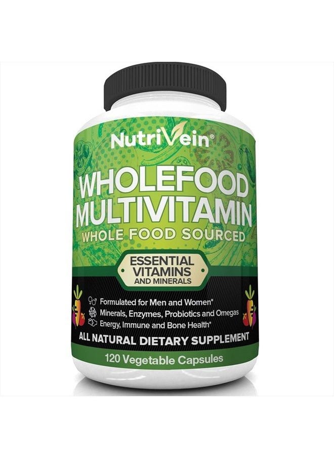 Nutrivein - Whole Food Multivitamin - Complete Daily Vitamins for Men and Women from Natural Whole Foods, Real Raw Veggies, Fruits, Vitamin E, A, B Complex - 30 Day Supply (120 Capsules, Four Daily) - Image 1
