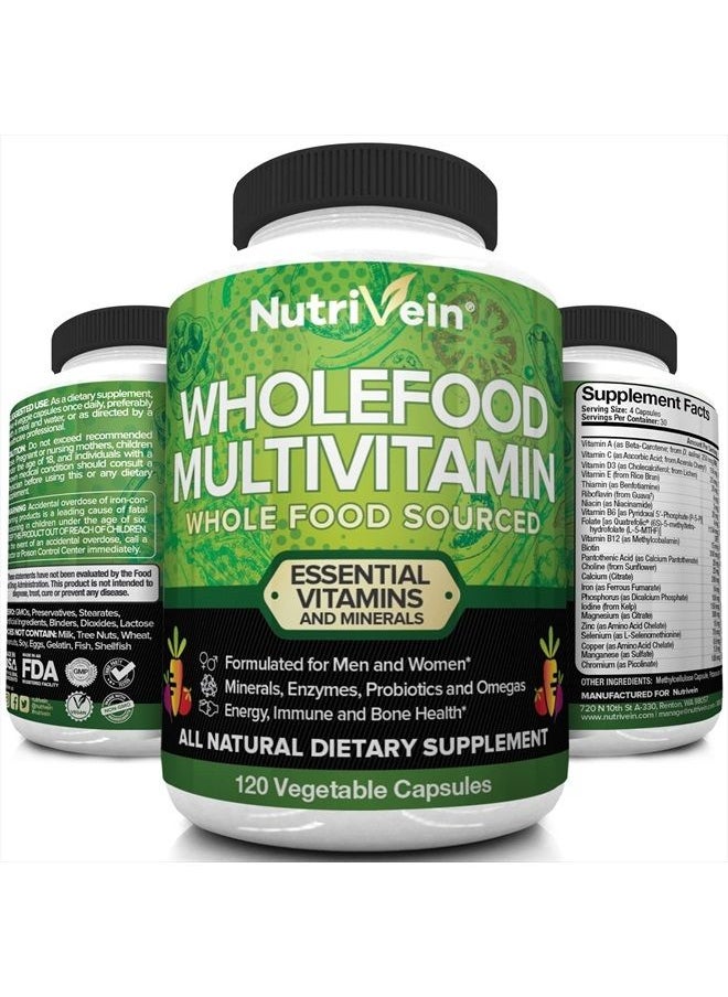 Nutrivein - Whole Food Multivitamin - Complete Daily Vitamins for Men and Women from Natural Whole Foods, Real Raw Veggies, Fruits, Vitamin E, A, B Complex - 30 Day Supply (120 Capsules, Four Daily) - Image 1