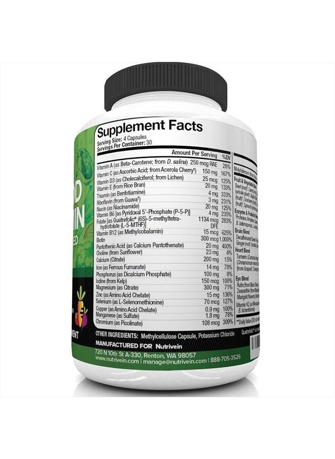Nutrivein - Whole Food Multivitamin - Complete Daily Vitamins for Men and Women from Natural Whole Foods, Real Raw Veggies, Fruits, Vitamin E, A, B Complex - 30 Day Supply (120 Capsules, Four Daily) - Image 1