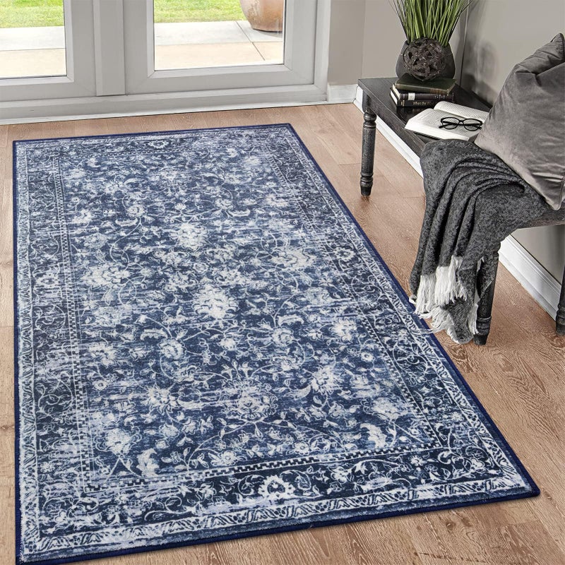 KILOCOCO Area Rug 3x5 Entryway Rug Washable Printed Vintage Floral Rubber Backed Non Slip Indoor Kitchen Rugs for Living Room Laundry Room Playroom Mudroom Moroccan Area Rugs, Blue - Image 1