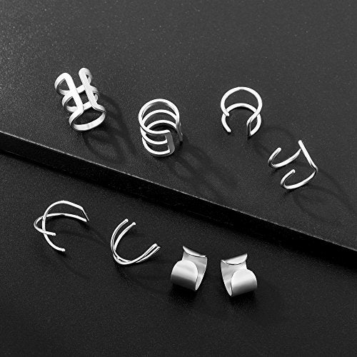 Tornito 4-10 Pairs Stainless Steel Ear Cuff Helix Cartilage Clip On Wrap Earrings Fake Nose Ring Non-Piercing Adjustable (A4: 4 Pairs, Silver Tone) - Image 5