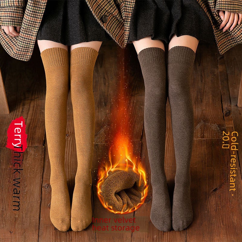 Socks Womens Thickened Warm Stockings Womens Korean-style Over-the-Knee Socks Loop Womens Mid-barrel Autumn and Winter Velvet High-rise Cotton Socks Brown