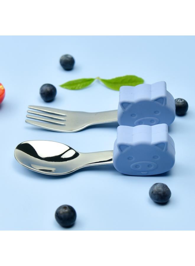 Hippo Baby Baby Learning To Eat Training Fork Spoon Short Handle Stainless Steel Tableware Children's Silicone Complementary Food Complementary Food Fork Spoon