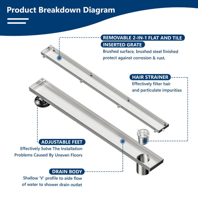 Neodrain 24-Inch Offset Linear Shower Drain with Tile Insert Grate Cover, Brushed 304 Stainless Steel Rectangle Side Outlet Shower Floor Drain, Adjustable Leveling Foot, Hair Strainer/Catcher - Image 2