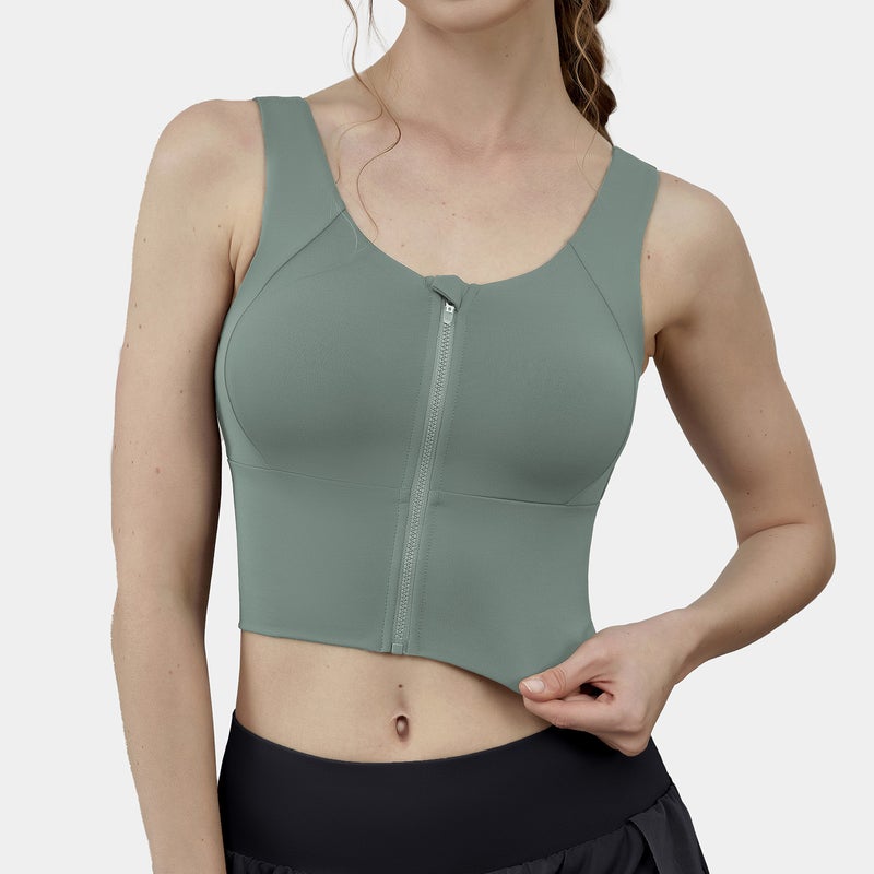Sports Bra Agave Green FBF2237804 Naked Zipper Sports Underwear Women's High Strength Shockproof Gather-up Fitness Beautiful Back Professional Training Running Yoga Bra
