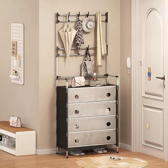 Multifunctional Entryway Storage Rack with Hanging Bar, Shoe Shelf, and Drawers (5 Tier, Plastic cabinets, hanging hooks with metal frame) (BLACK & WHITE, 5 LAYER)