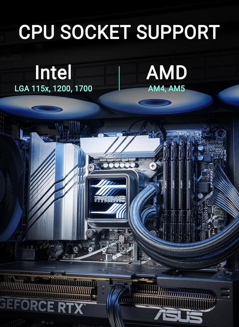 أسوس مبرد سائل CPU Prime LC 240 ARGB الكل في واحد AIO: AMD: AM5 & AM4 Intel: LGA 1851, 1700, 1200, 115x منطقة اتصال CPU مصممة خصيصًا، قنوات مزودة بشفرات، مرآة لانهائية، مراوح ARGB مثبتة مسبقًا - Image 5
