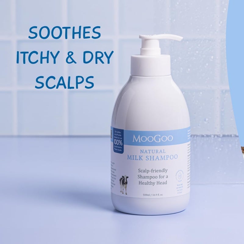 MOOGOO شامبو حليب موغو - لفروة الرأس المعرضة للحكة، الجفاف، الإكزيما، الصدفية وقشرة الرأس - خالي من SLS والسيليكون والكبريتات والبارابين - تركيبة طبيعية ولطيفة - 500 مل / 16.9 أونصة سائلة - Image 3