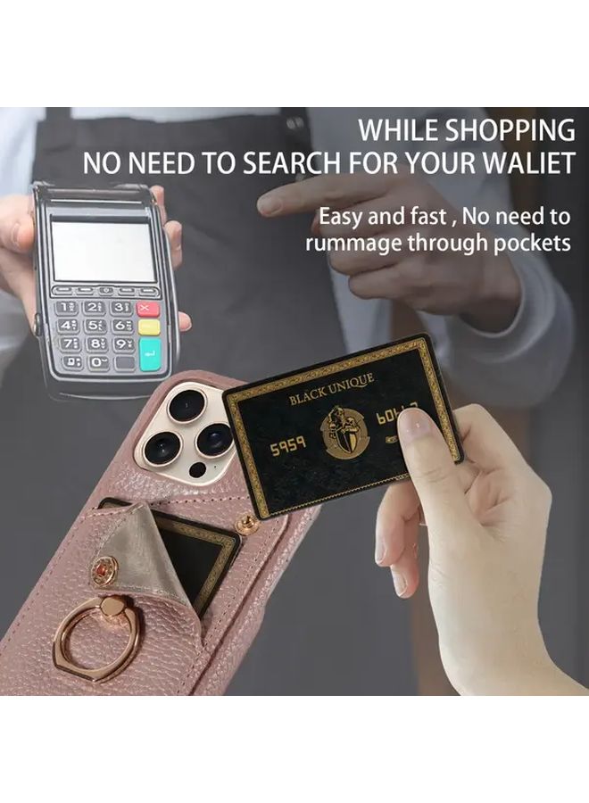 Rose Golden Faux Leather Phone Case With Ring Stand And Card Slot For iPhone 16e - Image 5