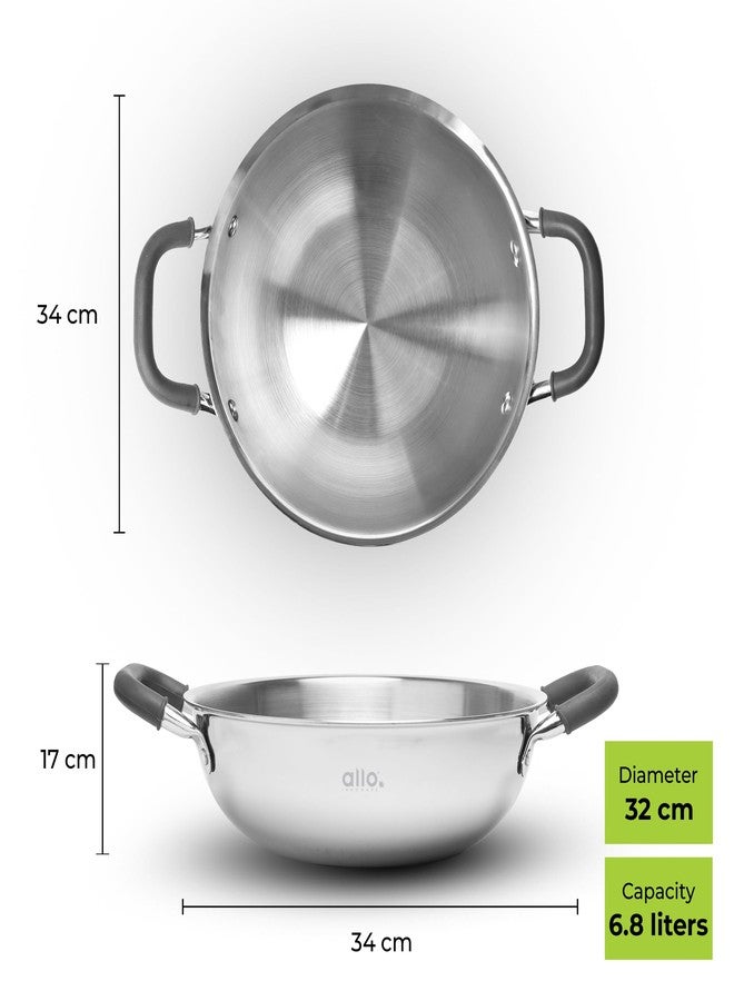 Allo Triply Stainless Steel Kadhai with Handles|Perfect Kadhai for Curry/Stir-Fry/Deep-Fry/DryVeg/Saute Induction Friendly Naturally Non-Stick | 10 Years Warranty, 32cm, 6.8 litres Without lid - Image 2
