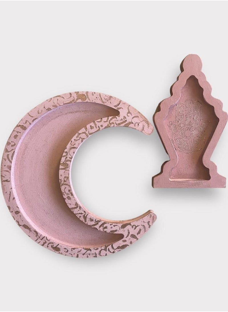Handmade Crescent and Lantern Ramadan Handmade Tray Set for Snacks with Arabic Calligraphy (Pink)  - Image 2