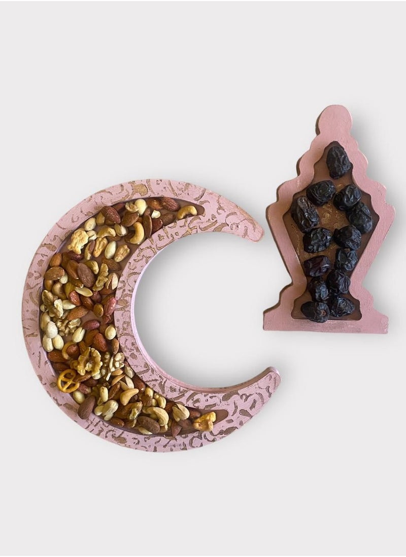 Handmade Crescent and Lantern Ramadan Handmade Tray Set for Snacks with Arabic Calligraphy (Pink)  - Image 1