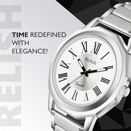 Relish Men's Silver Analog Watch, Roman Numerals, Octagonal Dial, Quartz Movement, Stainless Steel Strap Wrist Watch for Men & Boys, Elegant Timepiece - Image 3