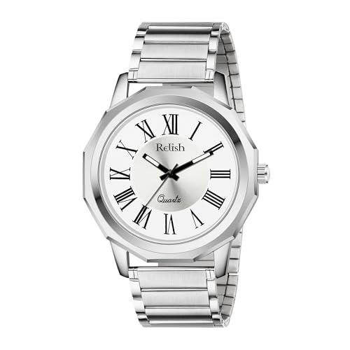 Relish Men's Silver Analog Watch, Roman Numerals, Octagonal Dial, Quartz Movement, Stainless Steel Strap Wrist Watch for Men & Boys, Elegant Timepiece - Image 1