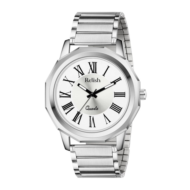 Relish Men's Silver Analog Watch, Roman Numerals, Octagonal Dial, Quartz Movement, Stainless Steel Strap Wrist Watch for Men & Boys, Elegant Timepiece - Image 4