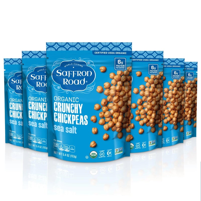 Saffron Road Roasted and Crunchy Sea Salt Chickpeas High Protein Snacks Certified Organic Glutenfree Vegan NonGMO and Certified Halal and Kosher 54oz Pouch Pack of 6