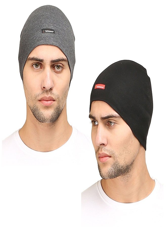 FabSeasons Men Cotton Skull Cap, Ideal For All Summer & Winters. Can Be Used Under Helmet. Combo Pack Of 2 (CMB.WC48DG.WC48BLK), Multi,Free Size - Image 1