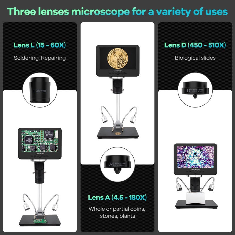 Andonstar AD246-M Digital Microscope for Adults, 3 Lens Soldering Microscope, 1080P FHD Video Record, 7 Inch LCD 500x, Coin Microscope, Biological Microscope Kit with 32G Card, Prepared Slides - Image 2