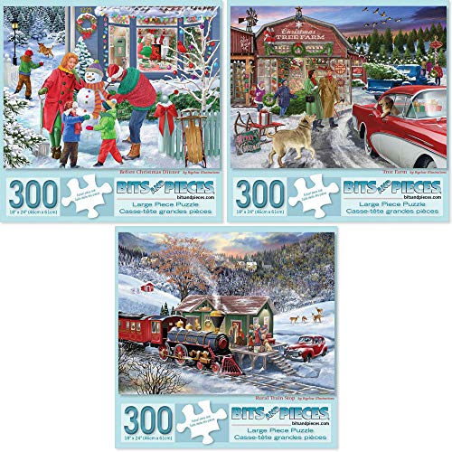 Bits and Pieces  Value Set of Three 300 Piece Jigsaw Puzzles for Adults  Home for The Holidays Jigsaw Puzzles by Artist Bigelow Illustrations Completed Puzzle Size 18 x 24 - Image 1