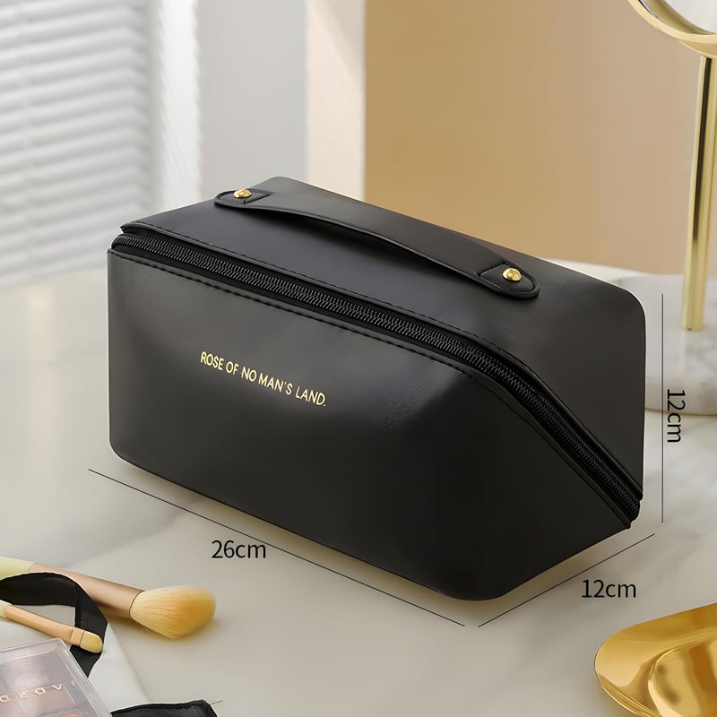 CLAPONE Makeup Pouch Bag Travel Makeup Bag Leather Makeup Organizer Bag/Cosmetic Pouch for Women/Travel Toiletry Bag/Large Capacity Cosmetic Bags Women/Waterproof Portable Pouch Toiletry Bag (Black) - Image 2