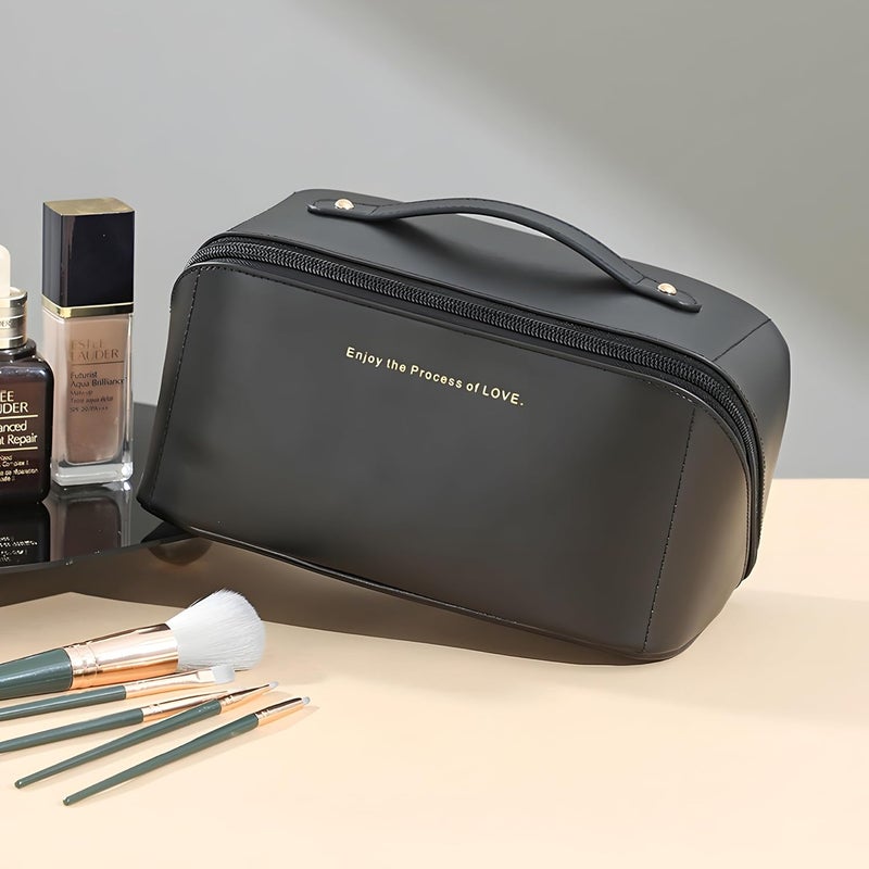 CLAPONE Makeup Pouch Bag Travel Makeup Bag Leather Makeup Organizer Bag/Cosmetic Pouch for Women/Travel Toiletry Bag/Large Capacity Cosmetic Bags Women/Waterproof Portable Pouch Toiletry Bag (Black) - Image 4