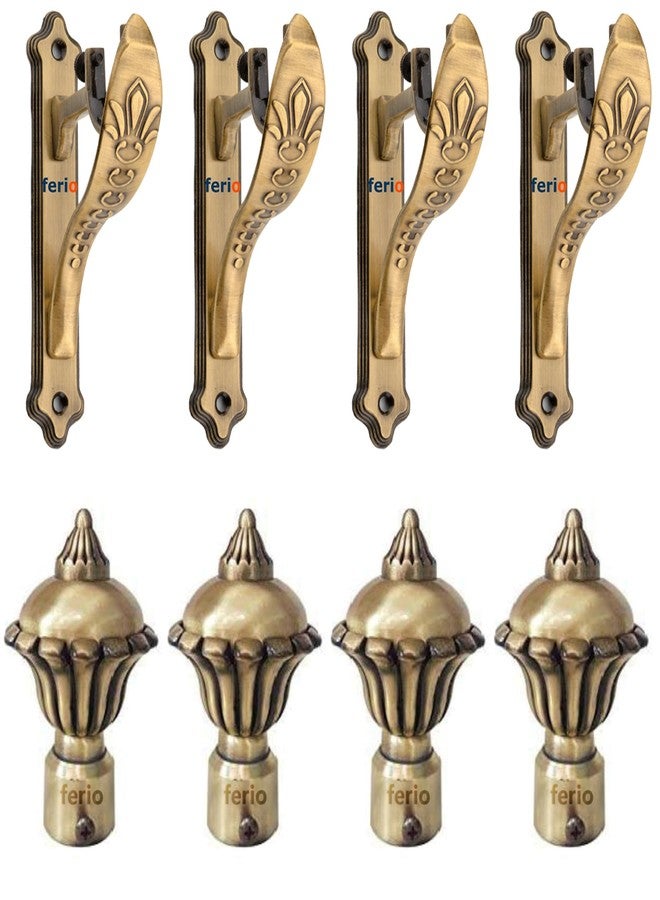 Ferio Aluminium Curtain Brackets for Window and Door Brass Antique Curtain Rod Holders for Wall Designer Pocket finials for 1 inch Rod Support Fittings Curtain Support (4 pcs) Curtain Finials (4 pcs) - Image 1