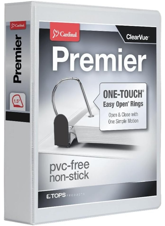 Cardinal Cardinal 3 Ring Binder, 1.5 Inch Premier Easy Open Binder, ONE-Touch Locking Slant-D Rings, 400-Sheet Capacity, ClearVue Cover, PVC-Free, Black (10311) (10310)  - Image 1
