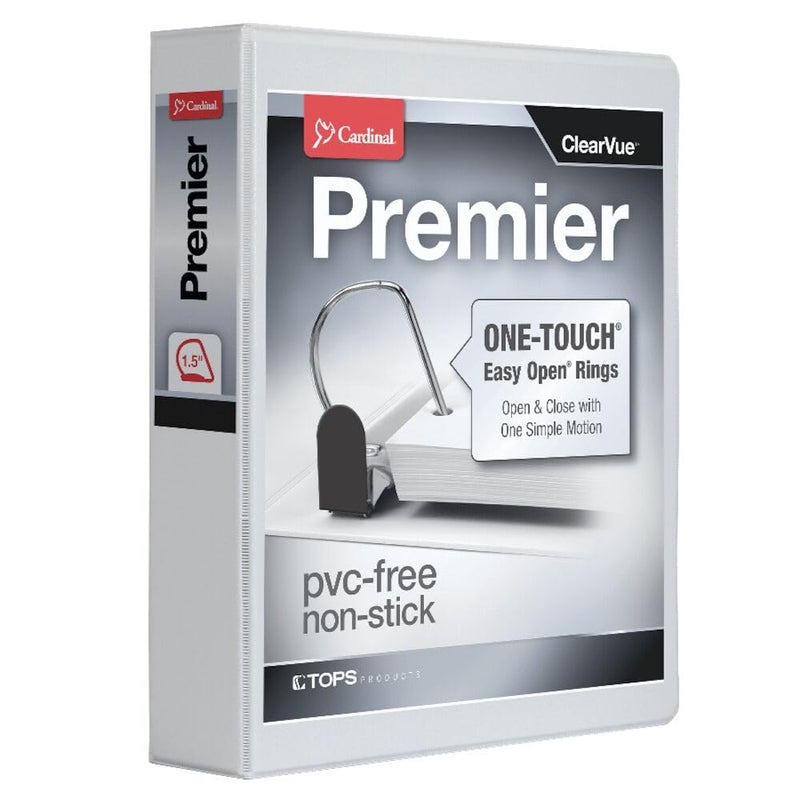 Cardinal 3 Ring Binder, 1.5 Inch Premier Easy Open Binder, ONE-Touch Locking Slant-D Rings, 400-Sheet Capacity, ClearVue Cover, PVC-Free, Black (10311) (10310) - Image 1